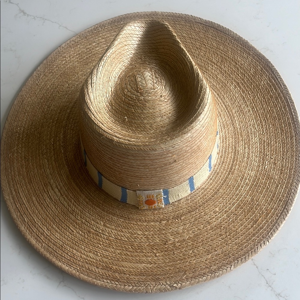 Tan and Blue Sun Hat with Wide Brim